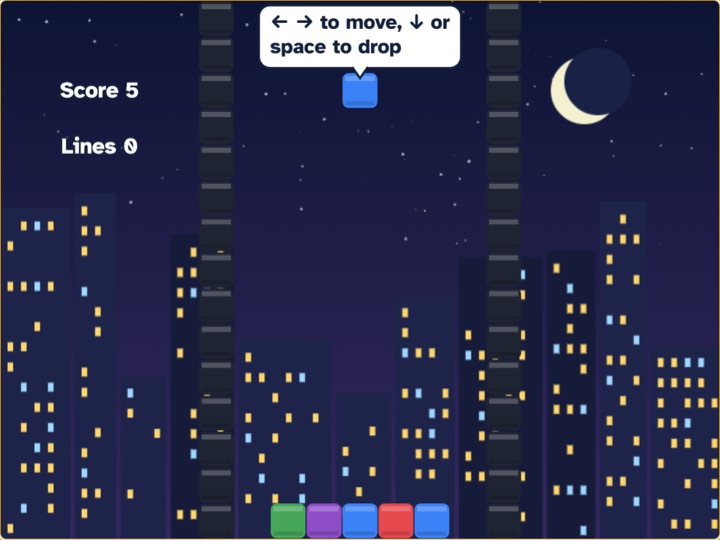 Block Drop: colored blocks stacking in a city at night