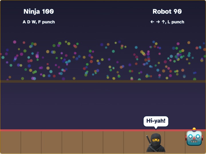 Robo Rumble: a ninja punching a robot in an arena